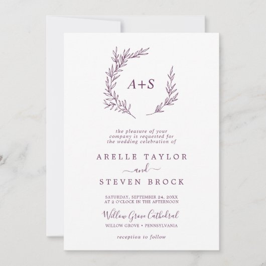 Mindestleaf | Eggplant Formal Monogram Wedding Einladung (Vorderseite)