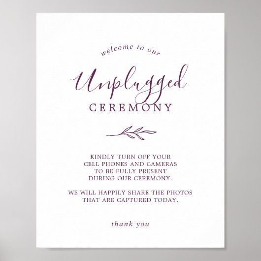 Mindestleaf | Eggplant Unplugged Zeremony Sign Poster (Vorne)