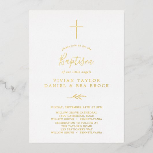 Mindestleaf | Gold Foil 2 oder 3 Personen Taufe Folieneinladung (Vorderseite)