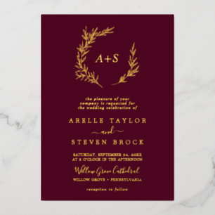 Mindestleaf Gold Foil Burgundy Monogram Wedding Folieneinladung