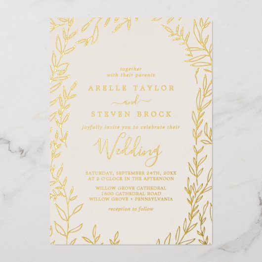 Mindestleaf | Gold Foil Elfenbeinrahmen Hochzeit Folieneinladung (Vorderseite)