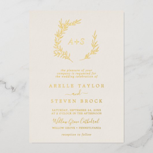 Mindestleaf | Gold Foil Ivory Monogram Wedding for Folieneinladung (Vorderseite)