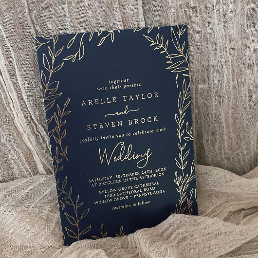 Mindestleaf | Gold Foil Navy Blue Frame Wedding Folieneinladung