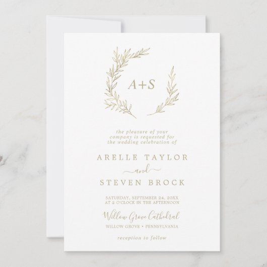 Mindestleaf | Gold Formal Monogram Wedding Einladung (Vorderseite)