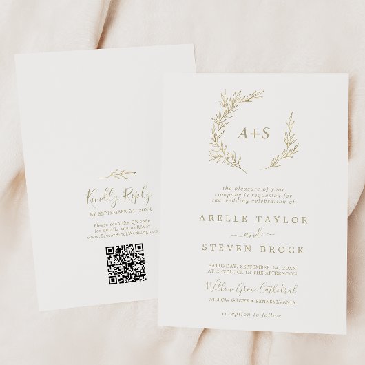 Mindestleaf | Gold Monogram QR Code Wedding Einladung