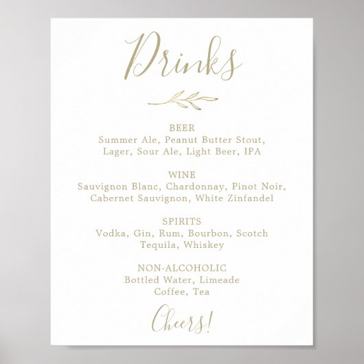 Mindestleaf | Gold Wedding Drinks Menu Sign Poster (Vorne)