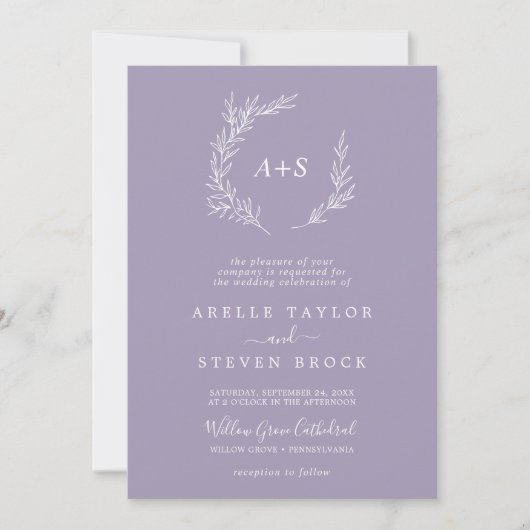 Mindestleaf | Lavender Monogram QR Code Wedding Einladung (Vorderseite)