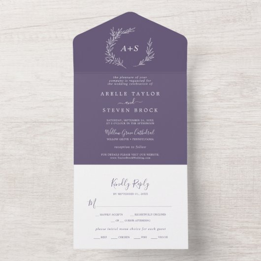 Mindestleaf | Lila Hochzeit All In One Einladung (Innen Boden)