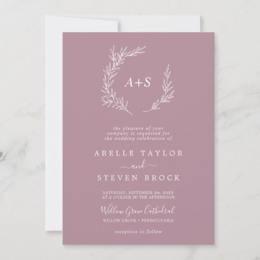 Mindestleaf | Mauve Monogram QR Code Wedding Einladung (Vorderseite)