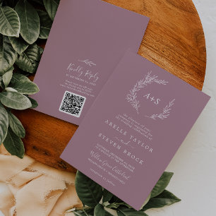 Mindestleaf   Mauve Monogram QR Code Wedding Einladung