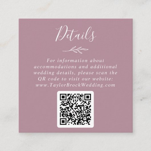 Mindestleaf | Mauve QR Code Wedding Details Begleitkarte (Vorderseite)