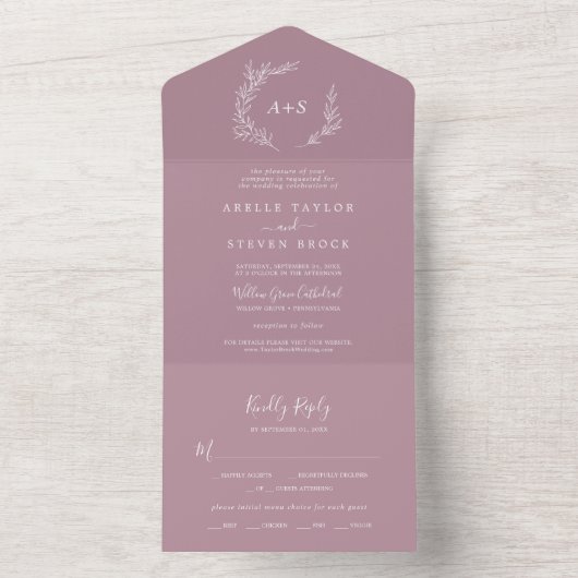 Mindestleaf | Mauve Wedding All In One Einladung (Innen Boden)