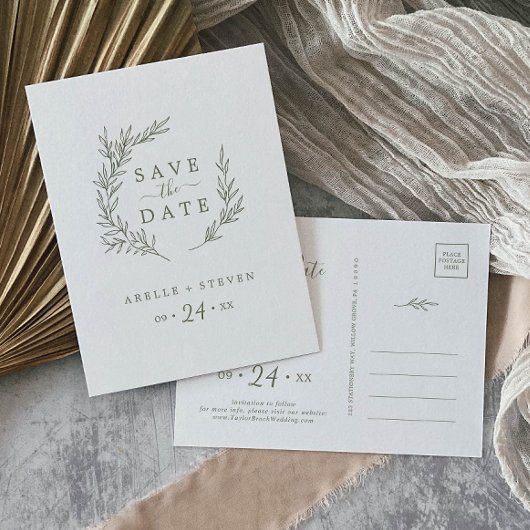 Mindestleaf | Olive Green Save the Date Einladungspostkarte