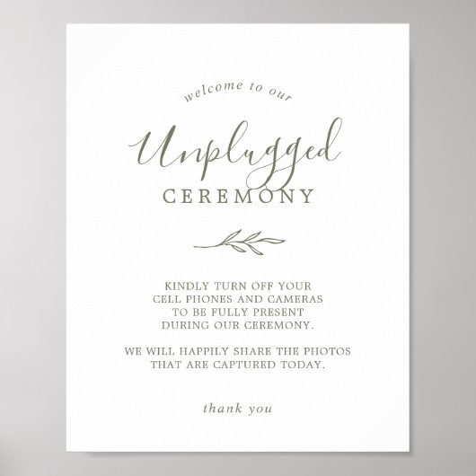Mindestleaf | Olive Green Unplugony Zeremony Sign Poster (Vorne)