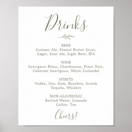 Mindestleaf | Olive Green Wedding Drink Menu Sign Poster (Vorne)