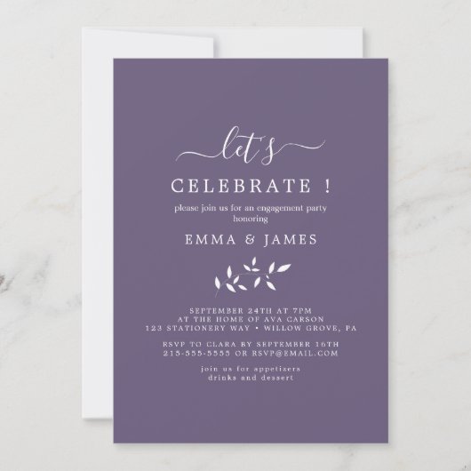 Mindestleaf | Plum Lila "Let's Celebrate" Einladung (Vorderseite)