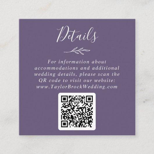 Mindestleaf | Plum Lila QR Code Hochzeitdetails Begleitkarte (Vorderseite)