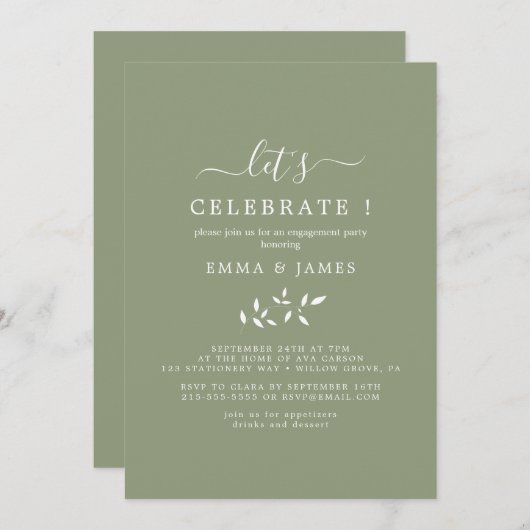 Mindestleaf | Sage Green "Let's Celebrate" Invita Einladung (Vorne/Hinten)