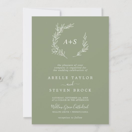 Mindestleaf | Sage Green Monogram QR Code Wedding Einladung (Vorderseite)