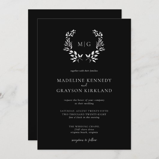 Mindestleaf | Schwarz-weiße Monogramm-Hochzeit Einladung (Vorne/Hinten)