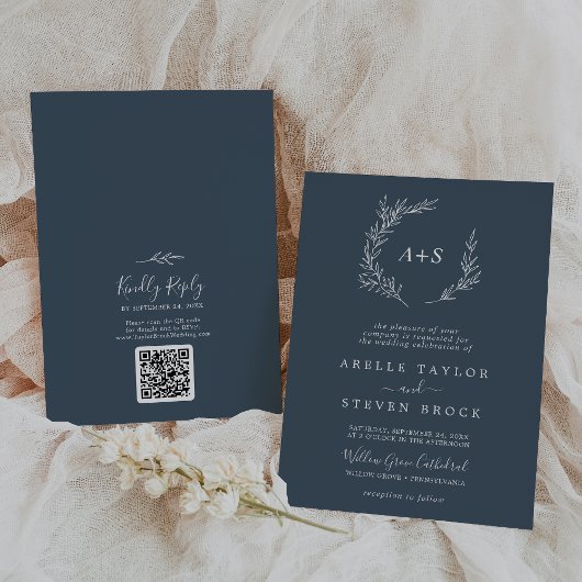 Mindestleaf | Slate Blue Monogram QR Code Wedding Einladung