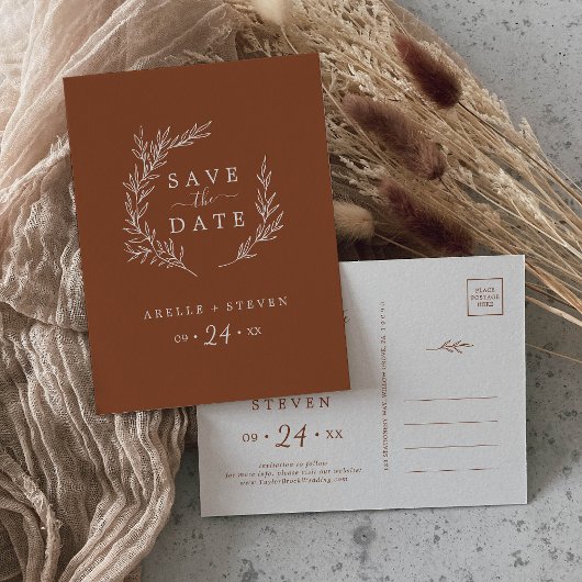 Mindestleaf | Terracotta Save the Date Einladungspostkarte