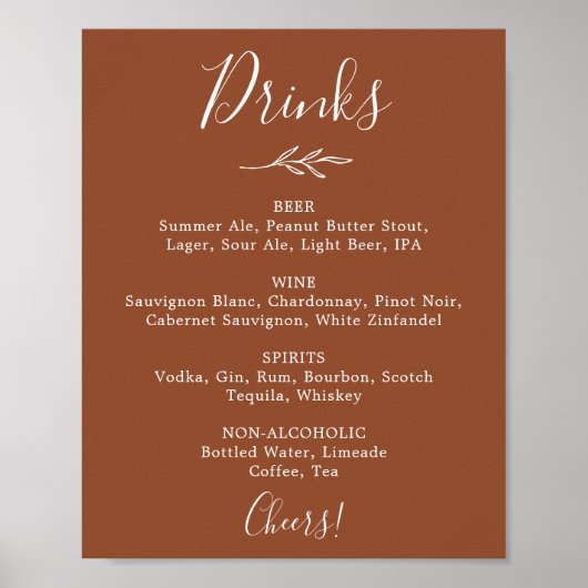 Mindestleaf | Terracotta Wedding Drinks Menu Poster (Vorne)