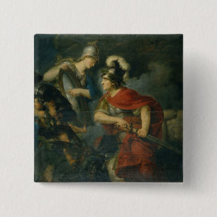 Minerva, der ihr Neid im Polierschild zeigt Button