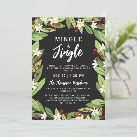 Minge Jingle Floral Red Berries Weihnachtsfest Par Einladung (Stehend Vorderseite)