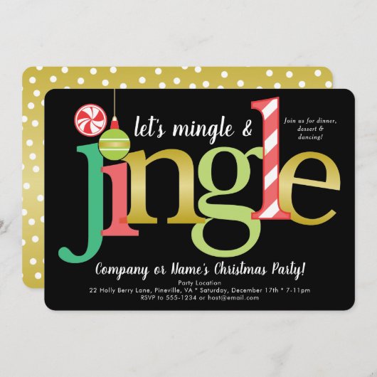 Mingle & Jingle Red Gold Black Christmas Party Einladung (Vorne/Hinten)