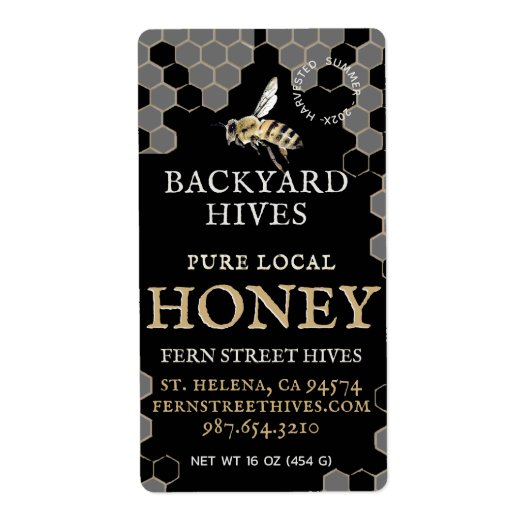 Mini 2"x 3,75" Backyard Honey Label mit Biene (Vorne)