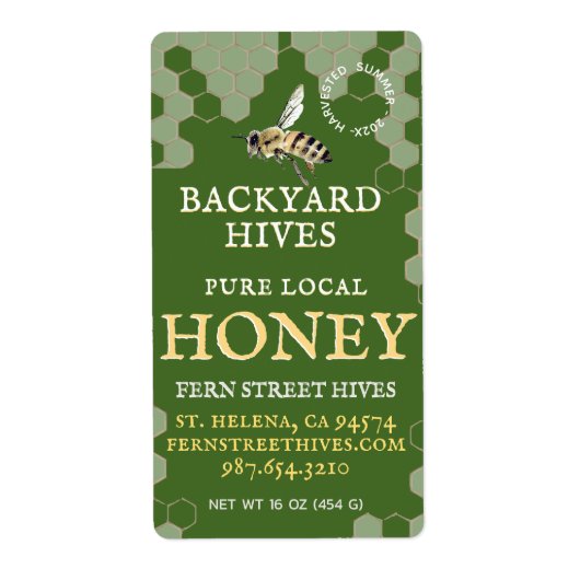 Mini 2"x 3,75" Backyard Honey Label mit Biene (Vorne)