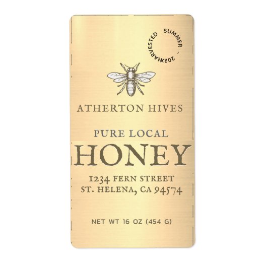 Mini 2"x 3,75" Gold Honey Label mit Heraldic Bee (Vorne)