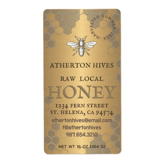 Mini 2"x 3,75" Gold Honey Label mit Heraldic Bee (Vorne)