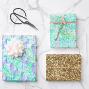 Mini Aqua Confetti Glitzer Unicorn Geschenkpapier Set