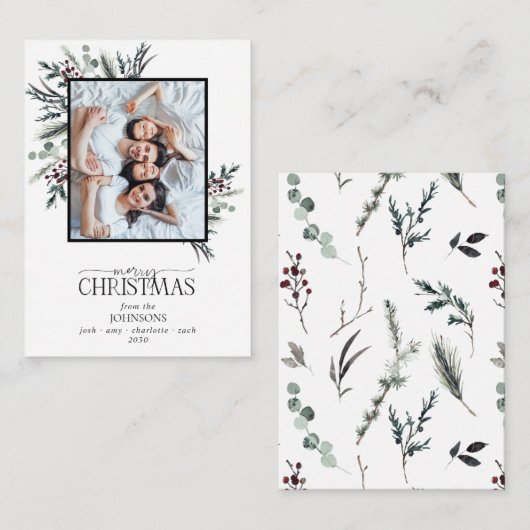 Mini Black Winter Botanisches Foto Frohe Weihnacht Mitteilungskarte (Vorne/Hinten)