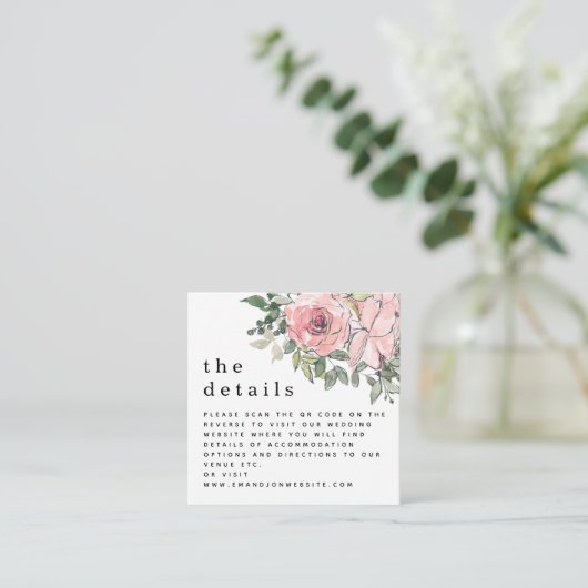 MINI Blush Florals QR Code Wedding Details Begleitkarte (Stehend Vorderseite)
