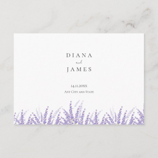 Mini Calligrafy Details Qr Code Lavender Wedding Begleitkarte (Rückseite)