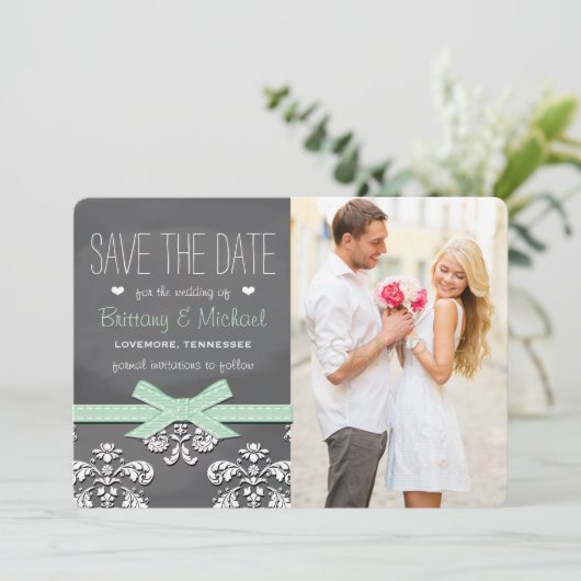 Mini Chalkboard Spitze and Bow Save the Date Card (Stehend Vorderseite)