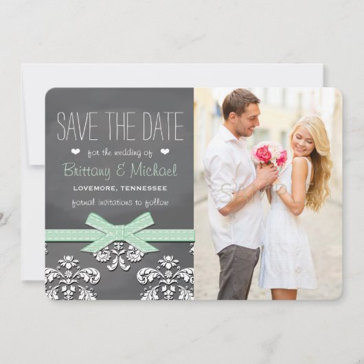 Mini Chalkboard Spitze and Bow Save the Date Card (Vorderseite)