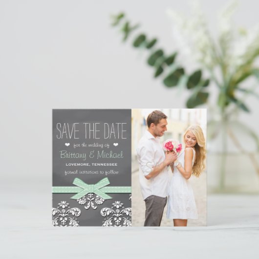 Mini Chalkboard Spitze Bow Save the Date Postkarte (Stehend Vorderseite)