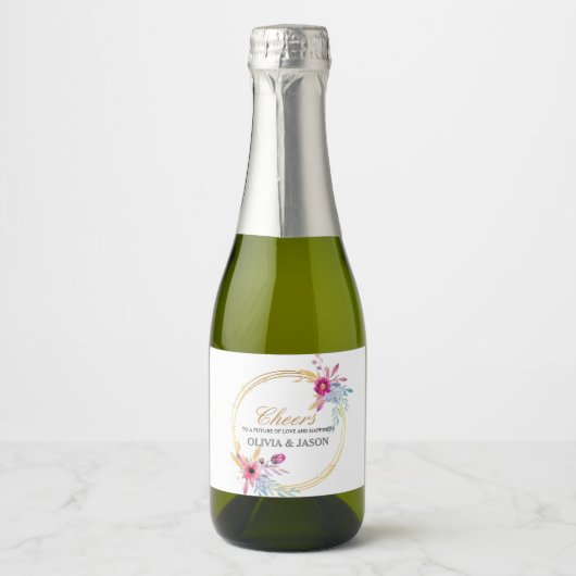 Mini Champagner Flasche Etikett mit Blumenkranz (Vorderseite)