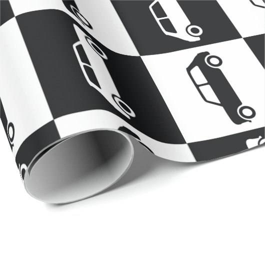 Mini-Cooper mit schwarzer Checkerboard Geschenkpapier (Rolleneckpunkt)