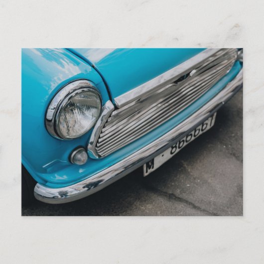 Mini Cooper Oldtimer hellblauer Postkarte (Vorderseite)
