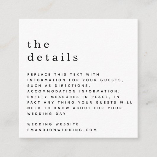 MINI Einfache Schwarz-weiße Hochzeitsdetails Begleitkarte (Vorderseite)