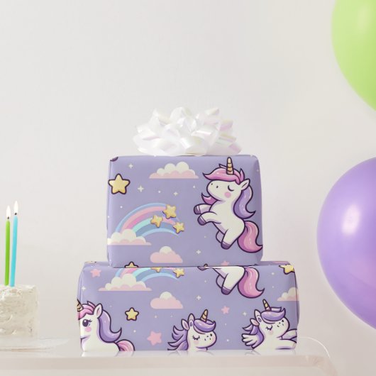 Mini-Einhörner und Shooting Stars auf Lavendel Geschenkpapier (Partygeschenke)
