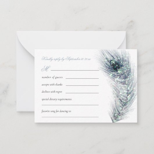 MINI Elegant Peacock Feather Aquamarin Wedding RSV Mitteilungskarte (Vorderseite)
