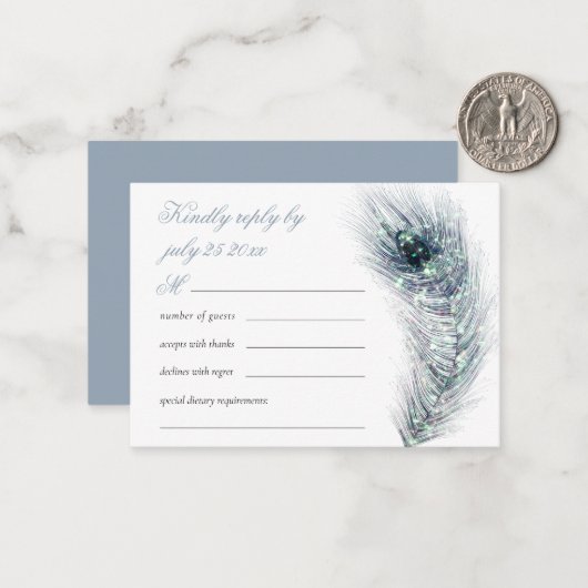 MINI Elegant Pfau Feather Aquamarin Wedding RSVP Mitteilungskarte (Vorderseite/Rückseite Beispiel)