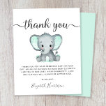 Mini Elephant Babydusche Danke Karte<br><div class="desc">Niedliche,  geschlechtsneutrale Babydusche oder Dankeschön-Karte mit "danke" in einem stylischen,  weich grauen Drehbuch mit Wimpern und einer minzgrünen Wasserfarbe des Babyelefanten. Unterhalb kannst du deine Danksagung einfach in grauer Topografie personalisieren oder für eine handgeschriebene Notiz leer verlassen werden.</div>