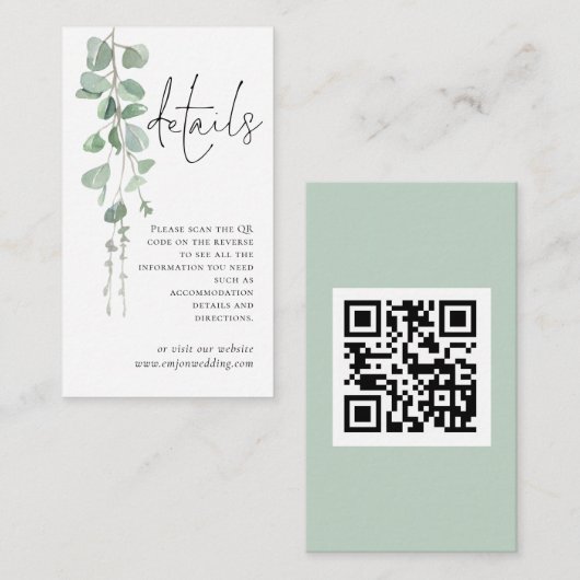 Mini Eucalyptus Script QR Code Angaben zum Hochzei Begleitkarte (Vorne/Hinten)